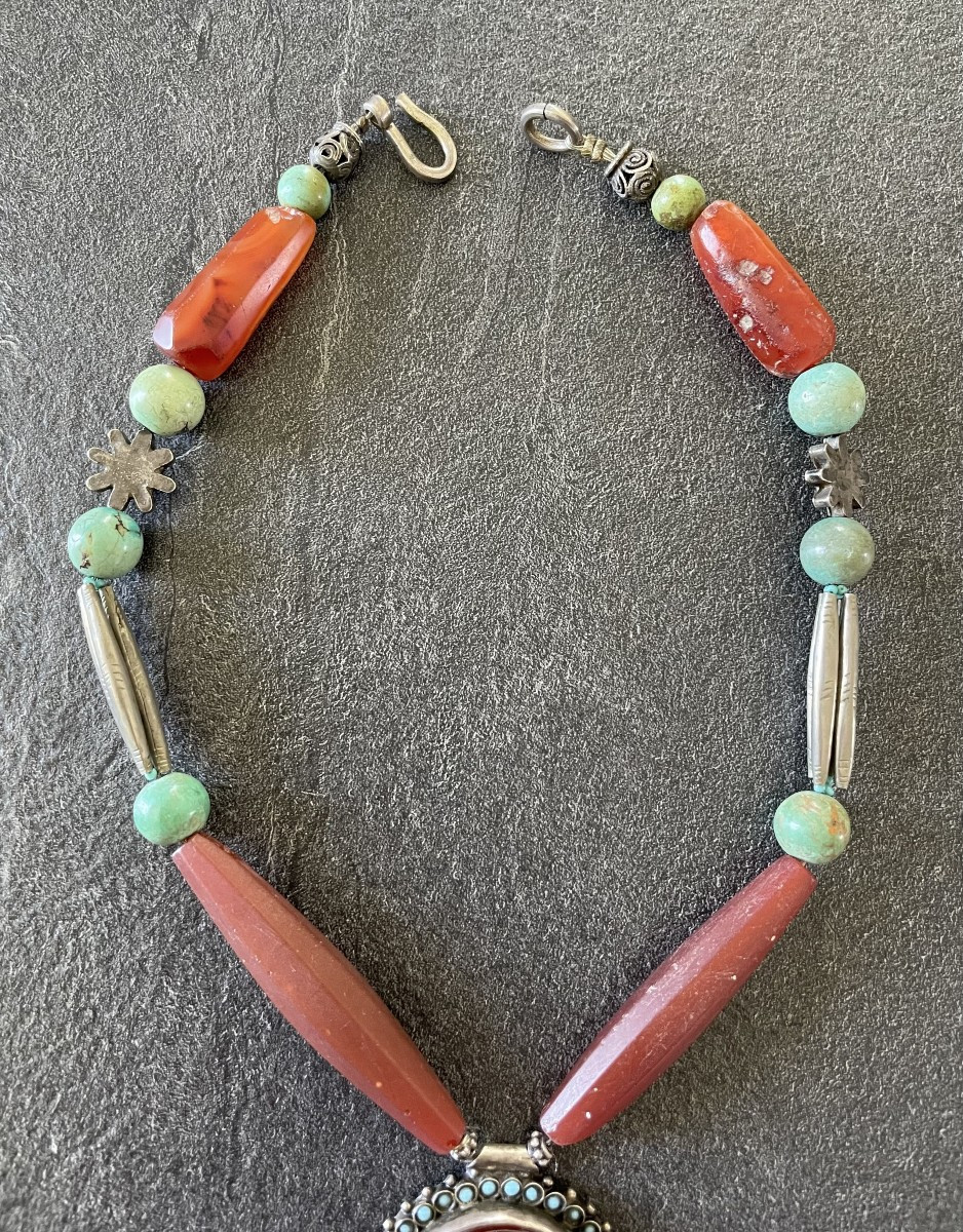 Ethnic Berber Long Necklace - Silver & Carnelian & Turquoise-photo-4