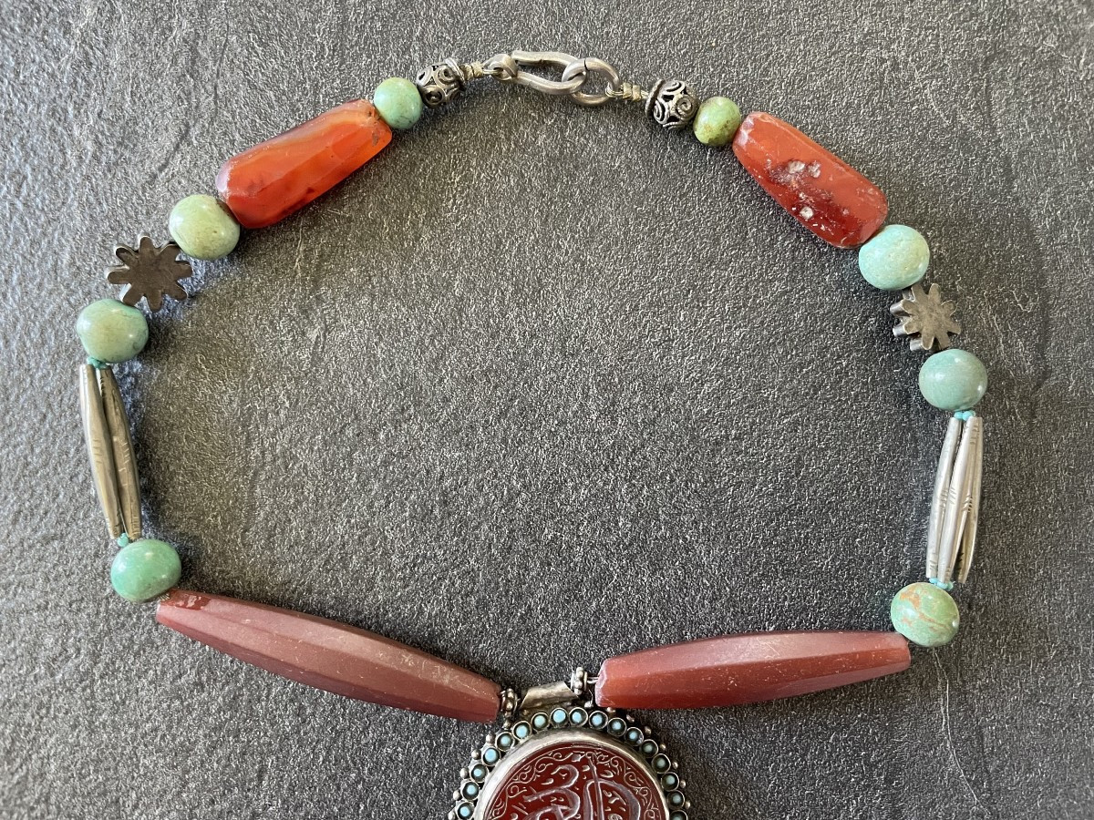 Ethnic Berber Long Necklace - Silver & Carnelian & Turquoise-photo-1