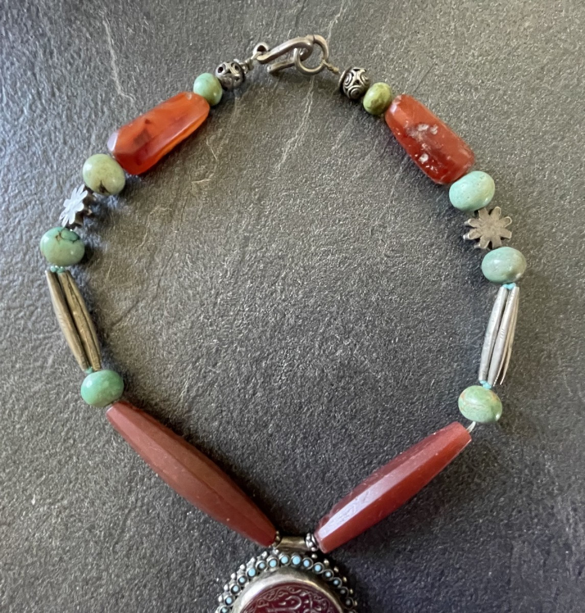 Ethnic Berber Long Necklace - Silver & Carnelian & Turquoise-photo-5