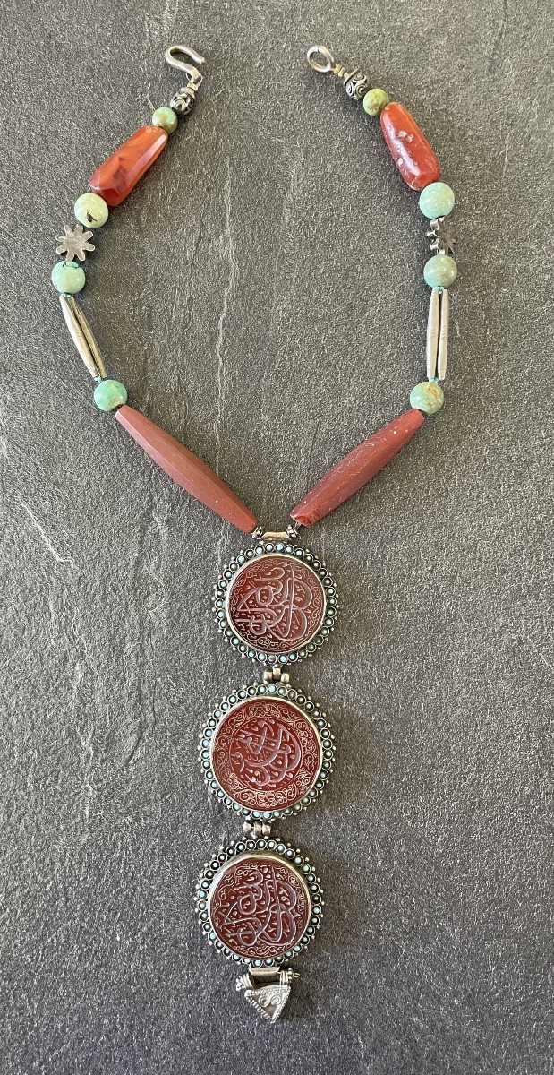 Ethnic Berber Long Necklace - Silver & Carnelian & Turquoise