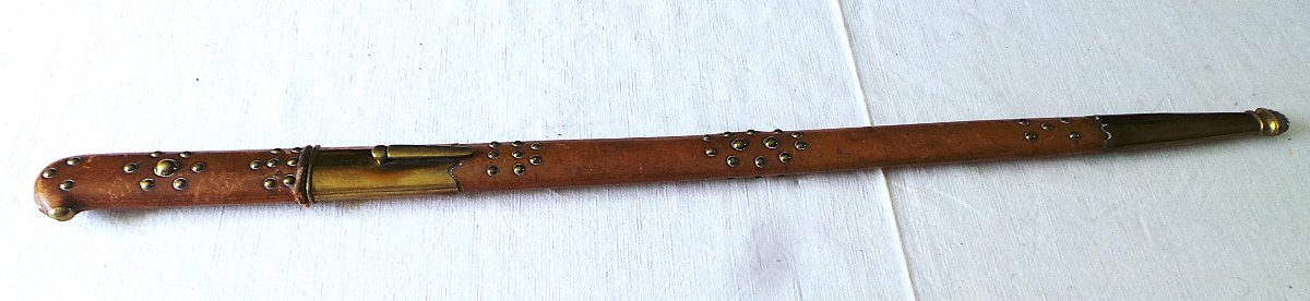 Venerie Dagger - Leather Sheathed Handle & Scabbard - Engraved Blade And Motto - XIX° Century-photo-2