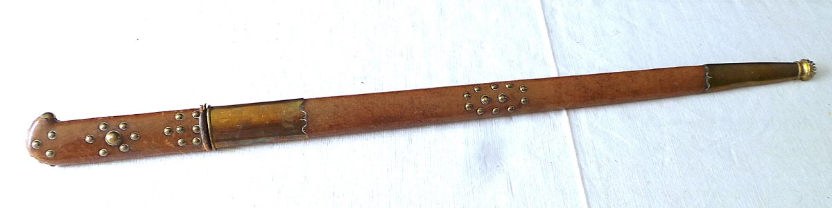 Venerie Dagger - Leather Sheathed Handle & Scabbard - Engraved Blade And Motto - XIX° Century-photo-2