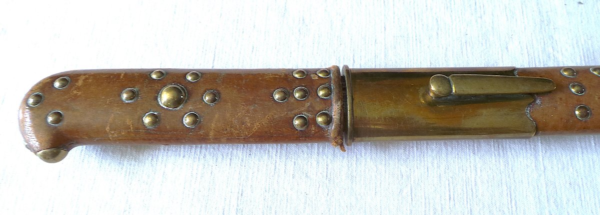 Venerie Dagger - Leather Sheathed Handle & Scabbard - Engraved Blade And Motto - XIX° Century-photo-3