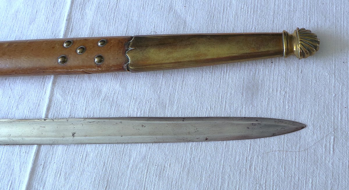 Venerie Dagger - Leather Sheathed Handle & Scabbard - Engraved Blade And Motto - XIX° Century-photo-4