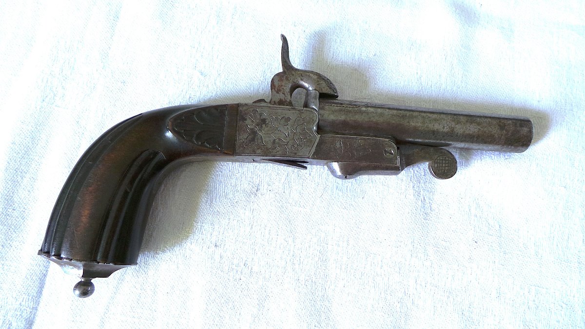 PISTOLET A CANON BASCULANT PAR CLEF DE VERROUILLAGE ET DETENTE RENTRANTE - XIX°-photo-3