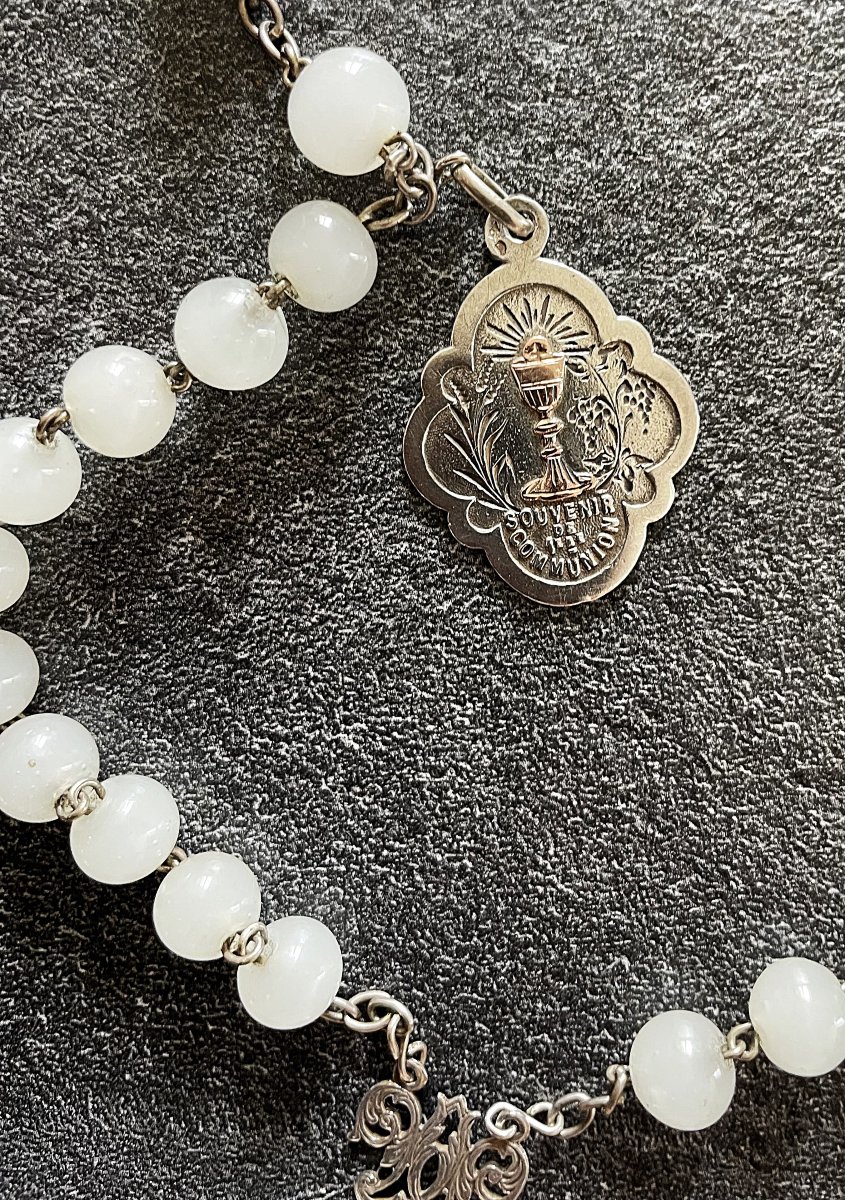 GRAND CHAPELET EN PERLE BLANCHE & MEDAILLE - 1899 - XIX° - DANS SON ETUI DE VOYAGE-photo-4