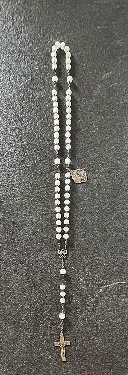 GRAND CHAPELET EN PERLE BLANCHE & MEDAILLE - 1899 - XIX° - DANS SON ETUI DE VOYAGE-photo-5