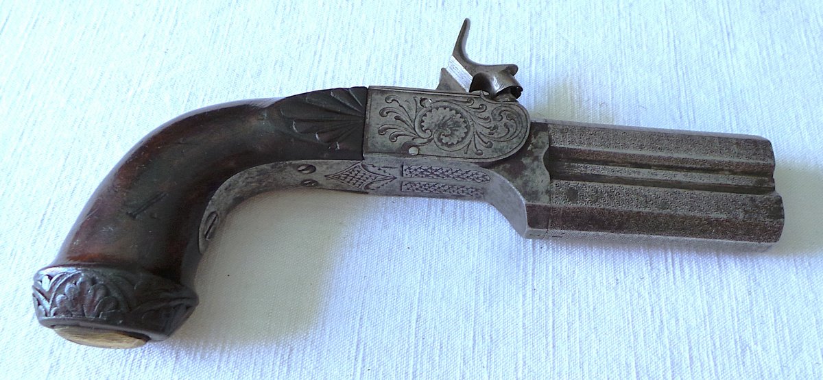 PISTOLET A BROCHE A DOUBLE CANONS SUPERPOSES & DETENTE RENTRANTE - XIX°-photo-2