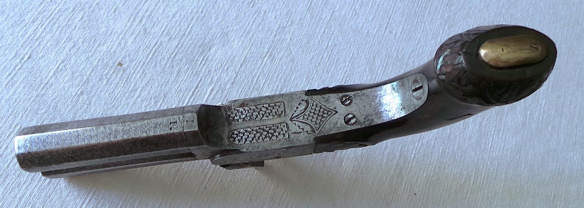 PISTOLET A BROCHE A DOUBLE CANONS SUPERPOSES & DETENTE RENTRANTE - XIX°-photo-3