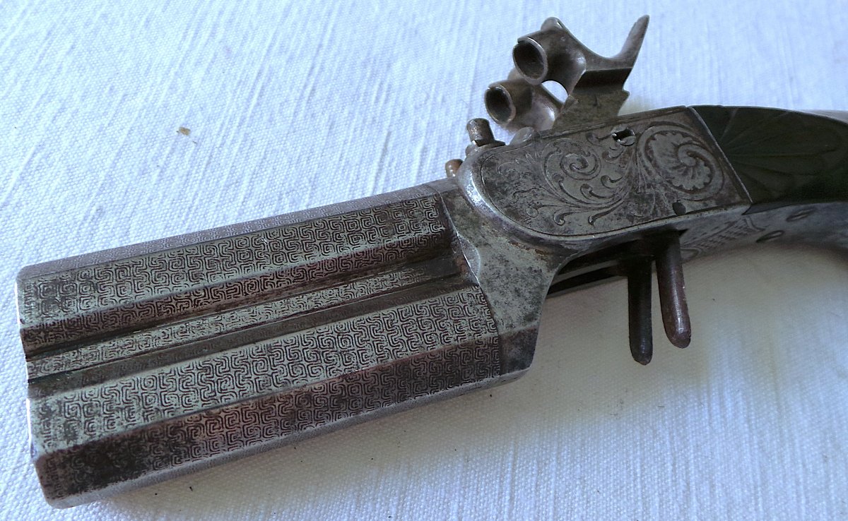 PISTOLET A BROCHE A DOUBLE CANONS SUPERPOSES & DETENTE RENTRANTE - XIX°-photo-4