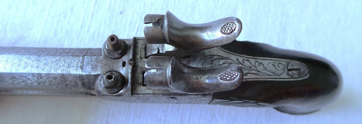PISTOLET A BROCHE A DOUBLE CANONS SUPERPOSES & DETENTE RENTRANTE - XIX°-photo-1