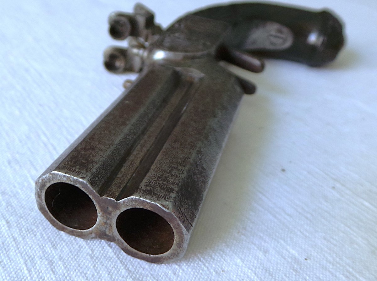 PISTOLET A BROCHE A DOUBLE CANONS SUPERPOSES & DETENTE RENTRANTE - XIX°-photo-2