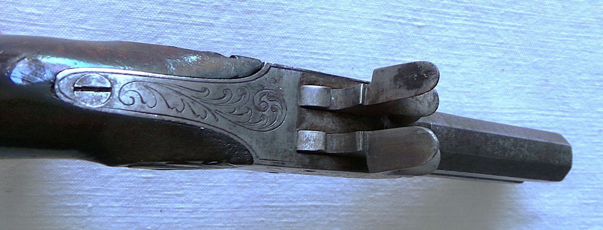 PISTOLET A BROCHE A DOUBLE CANONS SUPERPOSES & DETENTE RENTRANTE - XIX°-photo-6