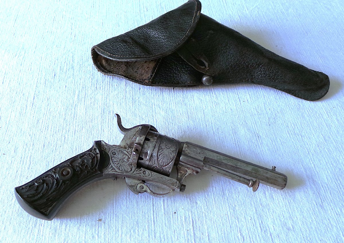 Lefaucheux-type Spindle Revolver With Folding Trigger In Its Holster - 19th Century-photo-2