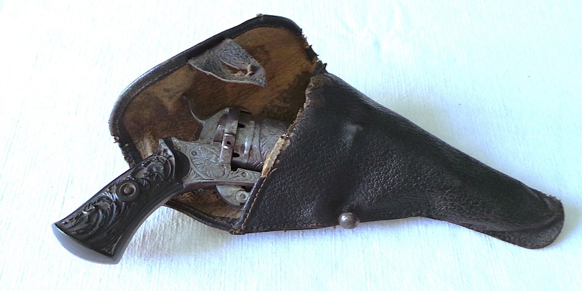 Lefaucheux-type Spindle Revolver With Folding Trigger In Its Holster - 19th Century