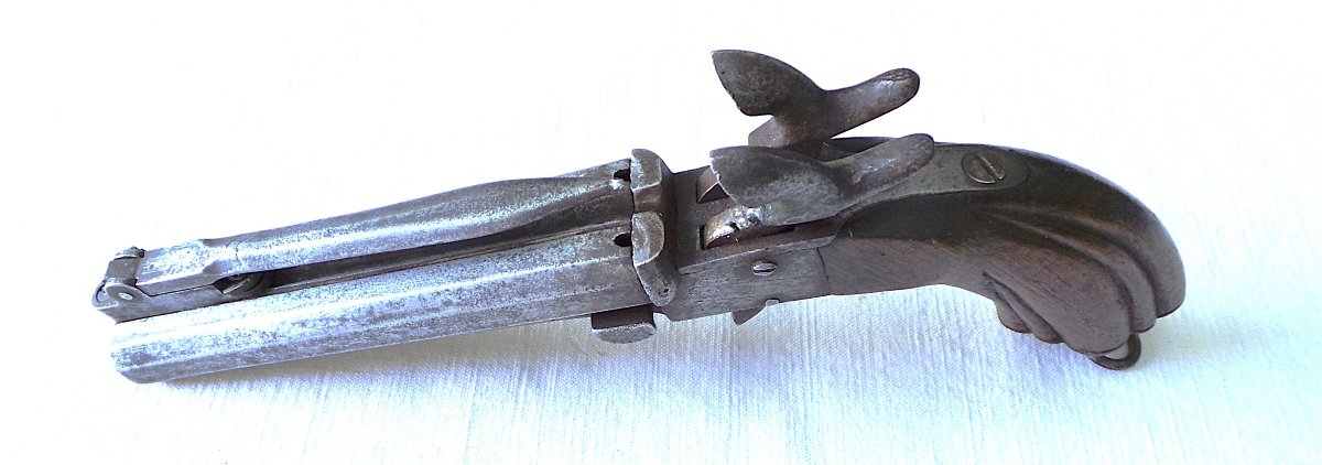 Two-barrel Table Pistol + Folding Bayonet - 19th Century-photo-2