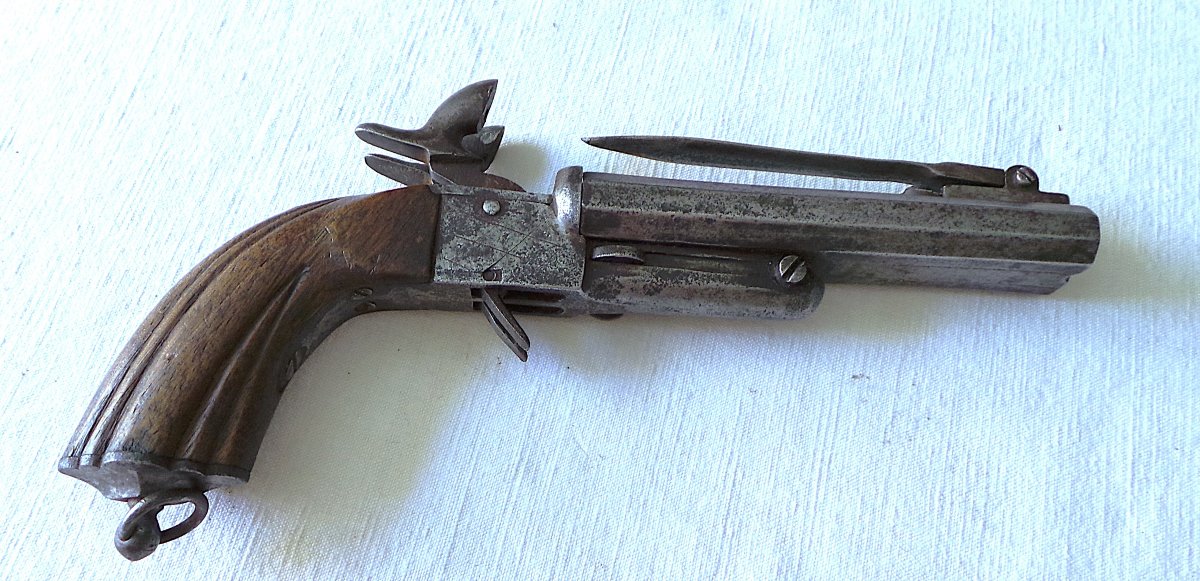Two-barrel Table Pistol + Folding Bayonet - 19th Century-photo-4