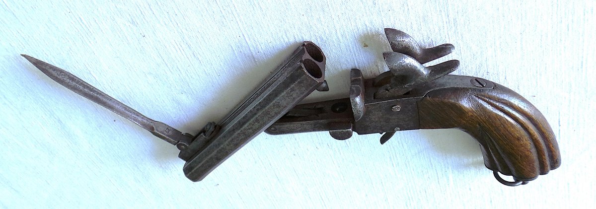 Two-barrel Table Pistol + Folding Bayonet - 19th Century-photo-1