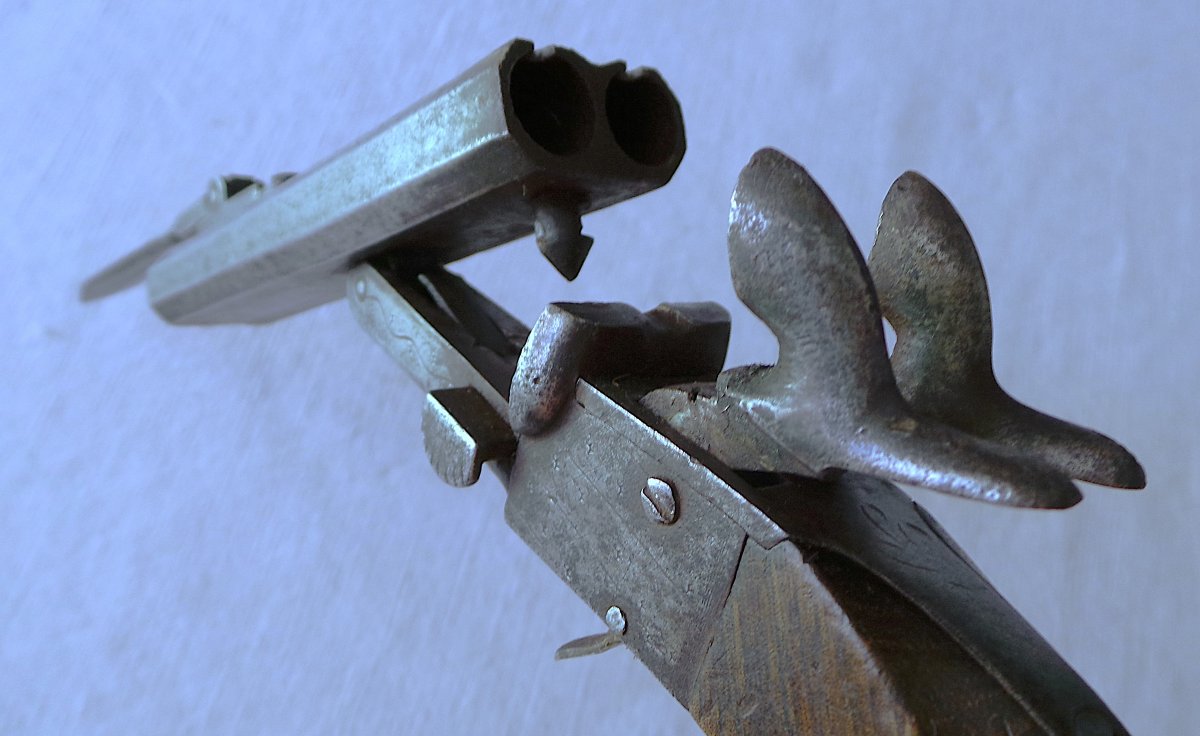 Two-barrel Table Pistol + Folding Bayonet - 19th Century-photo-5