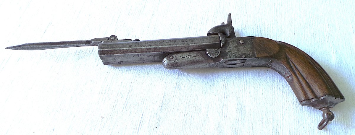 Two-barrel Table Pistol + Folding Bayonet - 19th Century