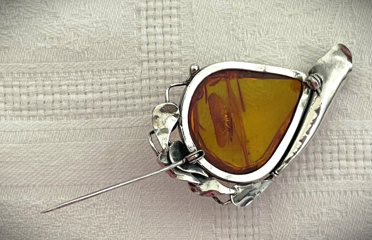 BROCHE EN AMBRE SUR ARGENT - ART NOUVEAU - XX°-photo-2