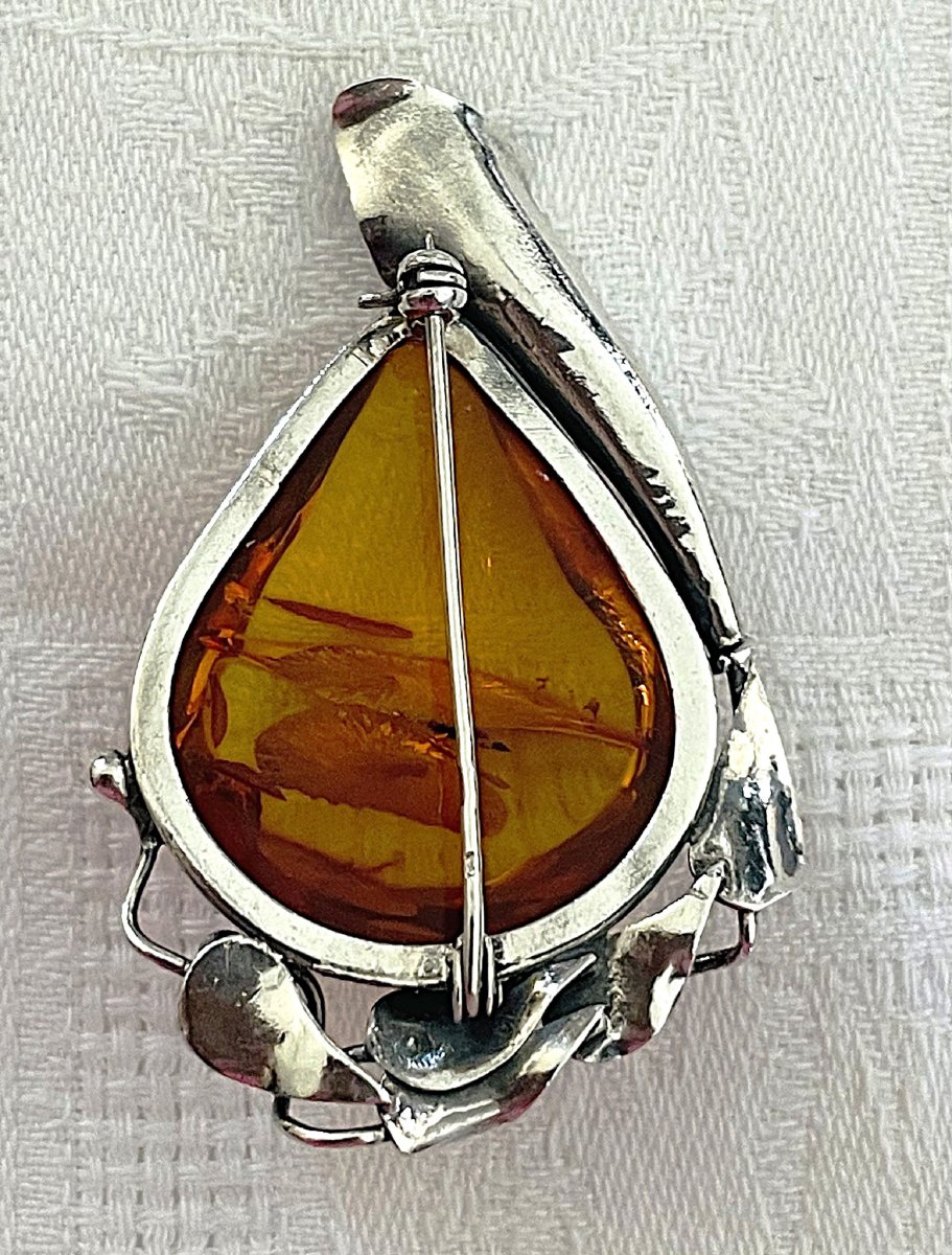 BROCHE EN AMBRE SUR ARGENT - ART NOUVEAU - XX°-photo-3
