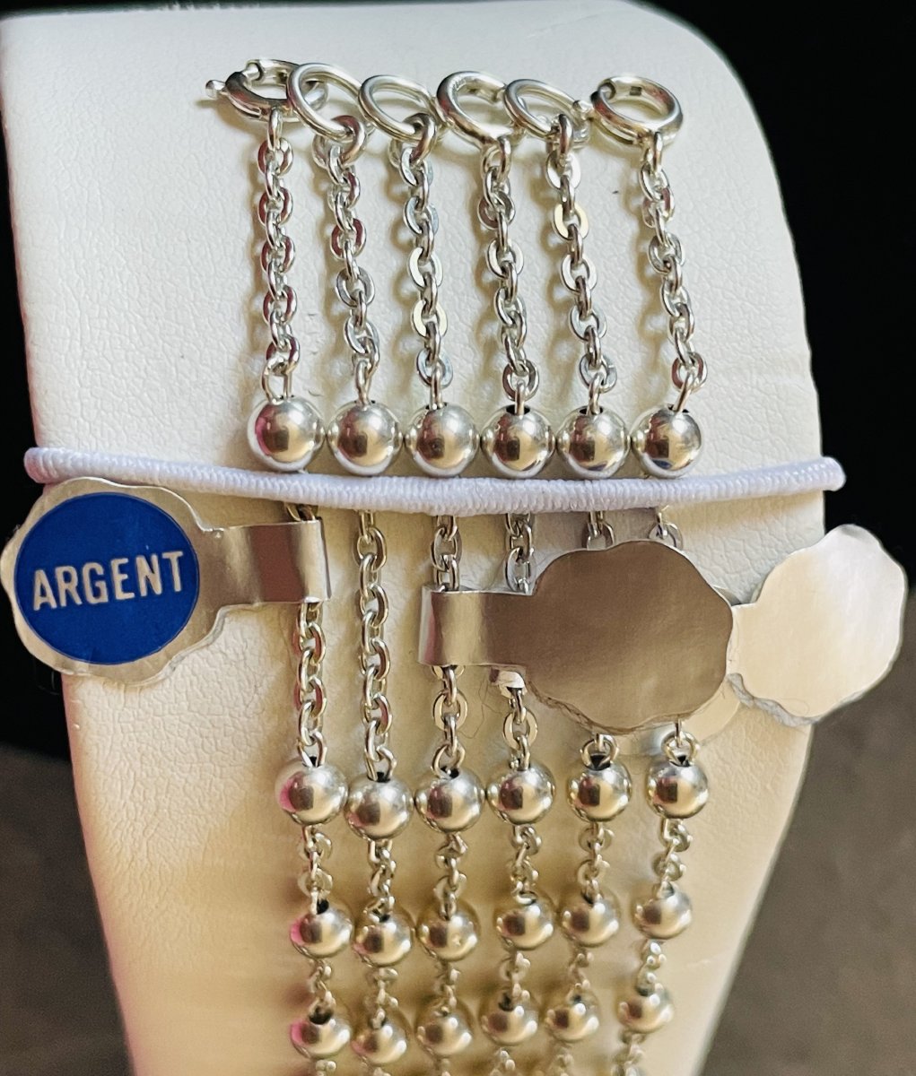 Set Of 6 Silver Bracelets With Alternating Bead Decorations - 20th Century-photo-3