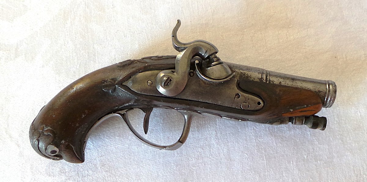 PISTOLET DE POCHE - MANUFACTURE DE  ST-ETIENNE  - CALOTTE EN TETE D OISEAU- XVIII°-photo-3