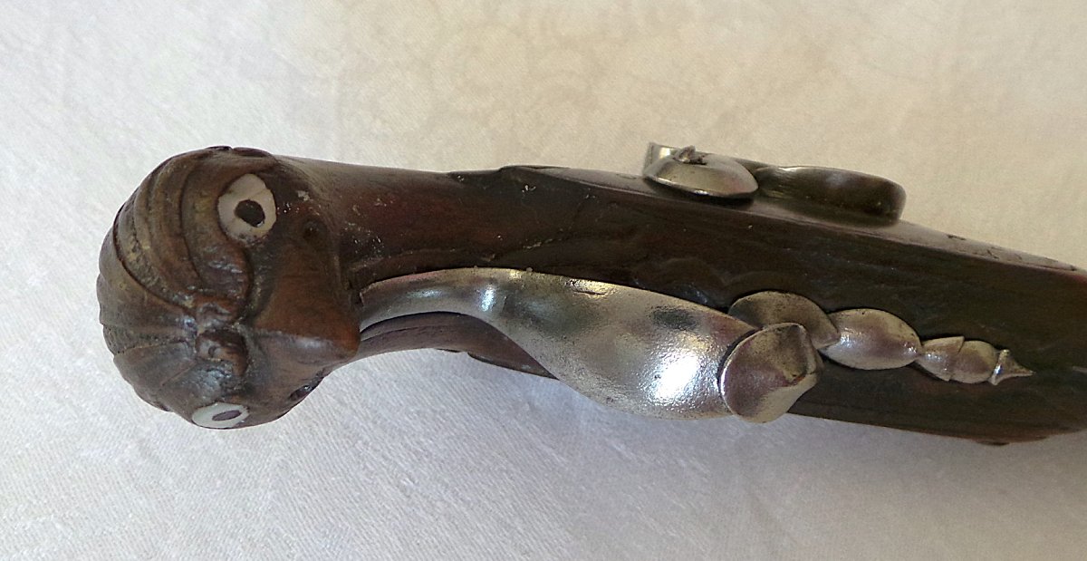 PISTOLET DE POCHE - MANUFACTURE DE  ST-ETIENNE  - CALOTTE EN TETE D OISEAU- XVIII°-photo-1
