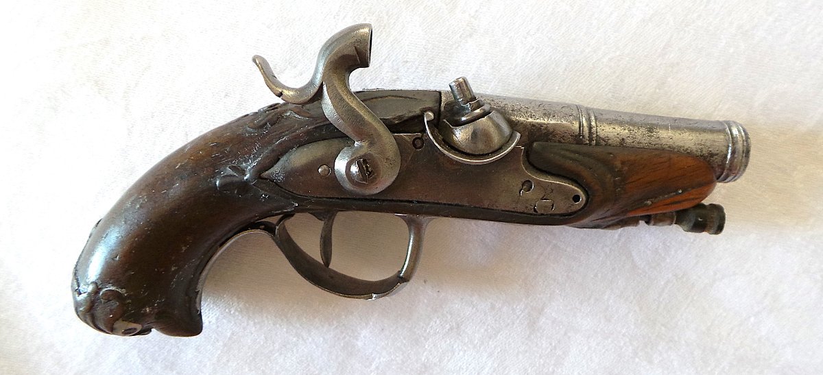 PISTOLET DE POCHE - MANUFACTURE DE  ST-ETIENNE  - CALOTTE EN TETE D OISEAU- XVIII°-photo-7