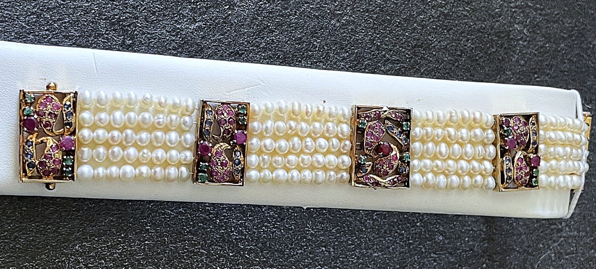 BRACELET EN VERMEIL A 5 RANGS DE PERLES D EAU DOUCE - SAPHIRS - EMERAUDES-RUBIS- XX°-photo-2