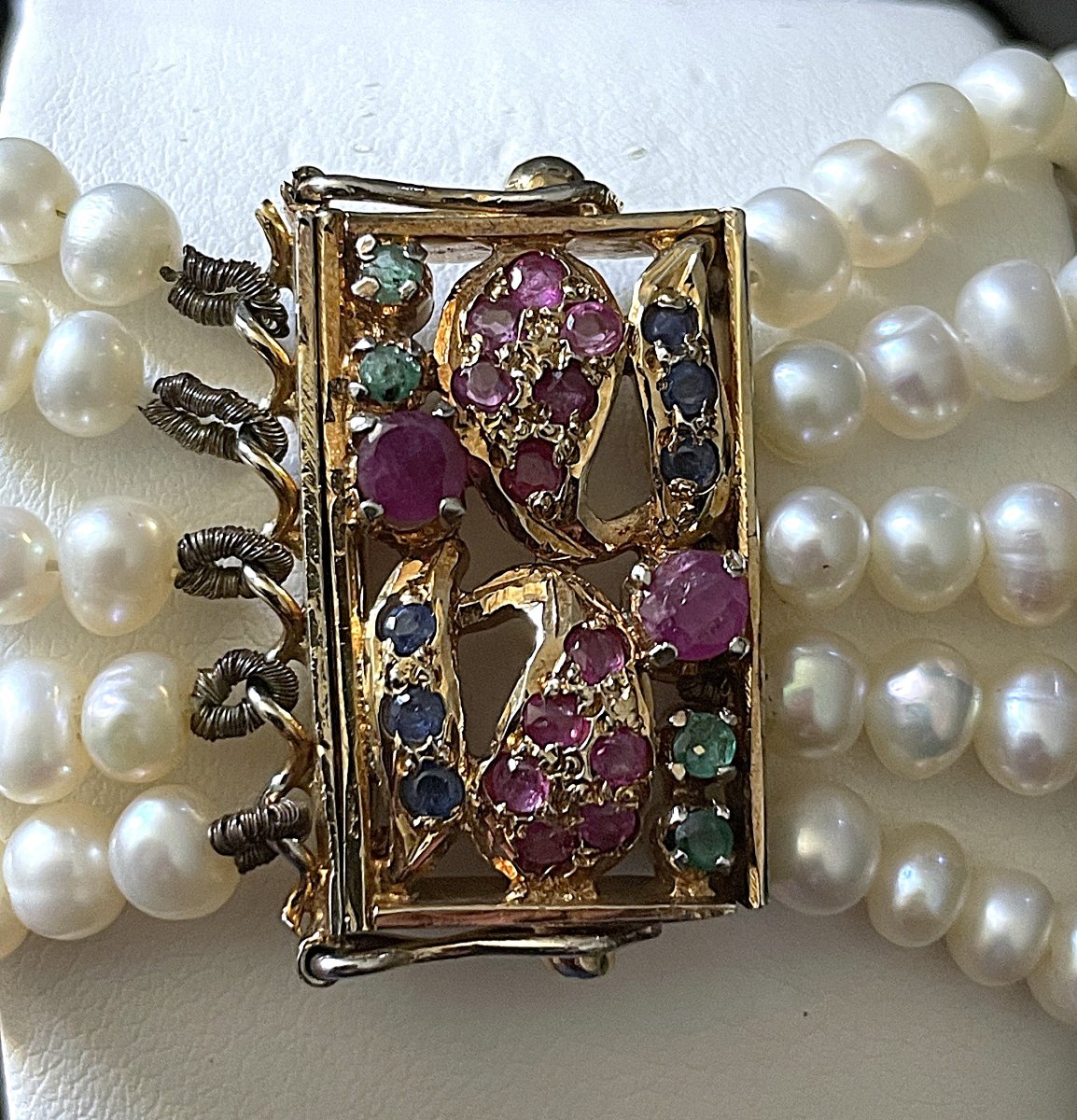 BRACELET EN VERMEIL A 5 RANGS DE PERLES D EAU DOUCE - SAPHIRS - EMERAUDES-RUBIS- XX°-photo-3