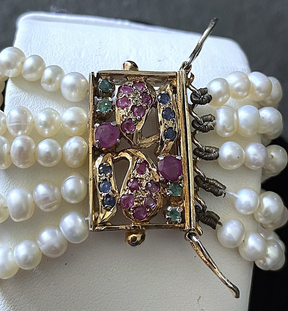 BRACELET EN VERMEIL A 5 RANGS DE PERLES D EAU DOUCE - SAPHIRS - EMERAUDES-RUBIS- XX°-photo-4