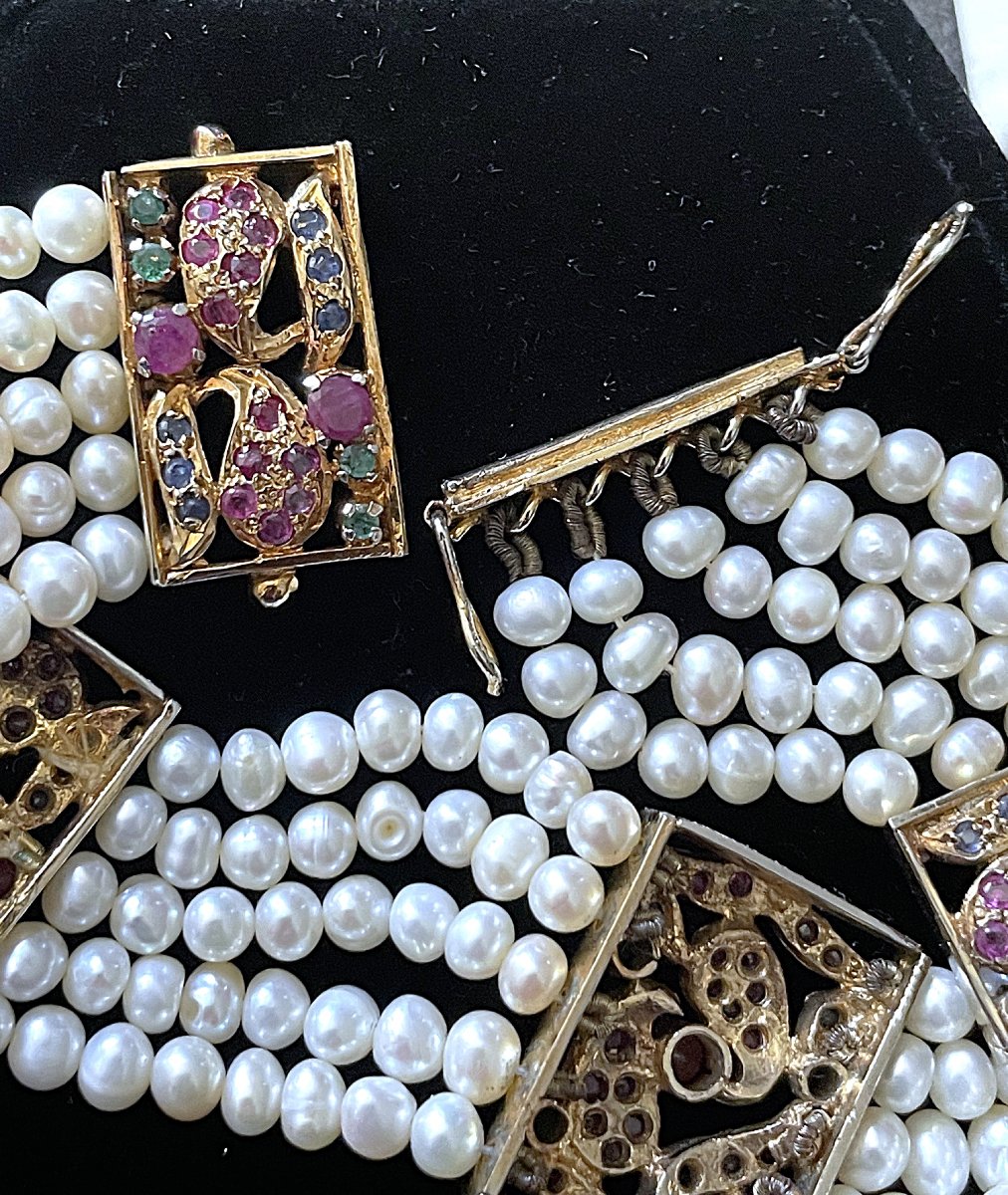 BRACELET EN VERMEIL A 5 RANGS DE PERLES D EAU DOUCE - SAPHIRS - EMERAUDES-RUBIS- XX°-photo-1