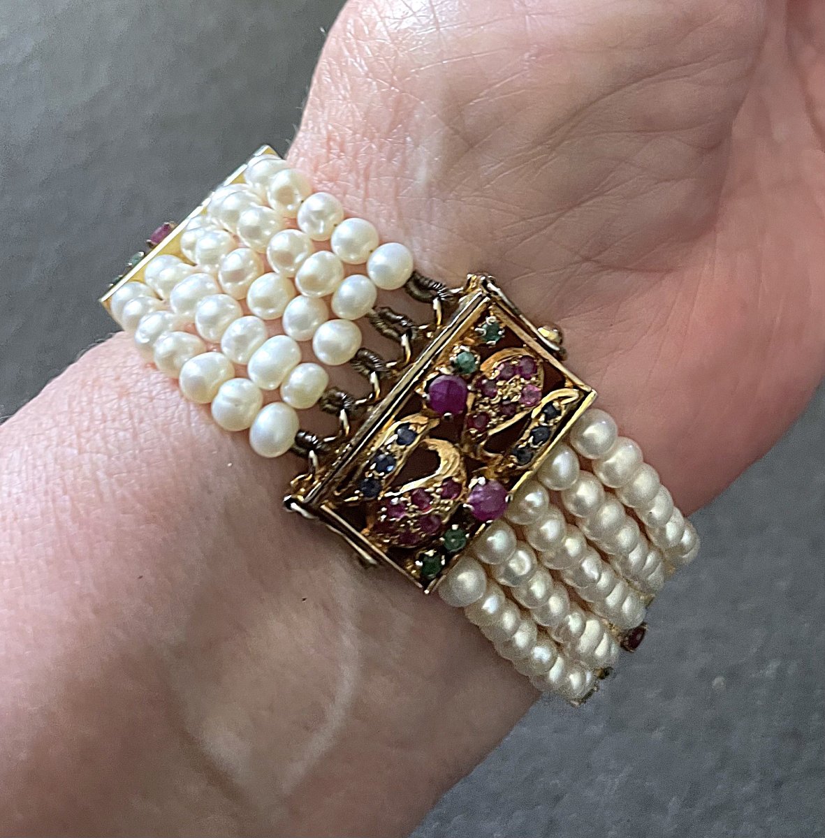 BRACELET EN VERMEIL A 5 RANGS DE PERLES D EAU DOUCE - SAPHIRS - EMERAUDES-RUBIS- XX°-photo-4