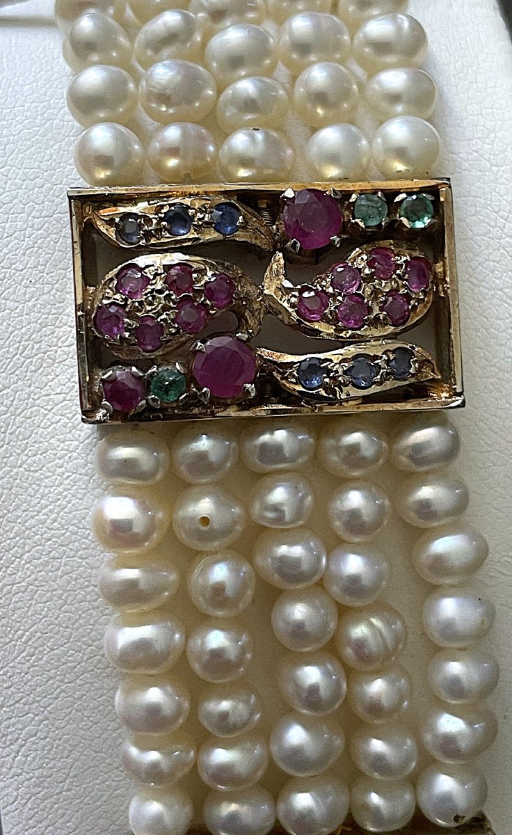 BRACELET EN VERMEIL A 5 RANGS DE PERLES D EAU DOUCE - SAPHIRS - EMERAUDES-RUBIS- XX°-photo-6