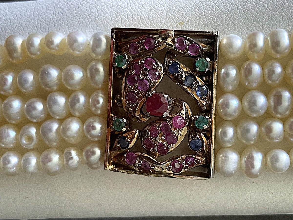 BRACELET EN VERMEIL A 5 RANGS DE PERLES D EAU DOUCE - SAPHIRS - EMERAUDES-RUBIS- XX°-photo-7