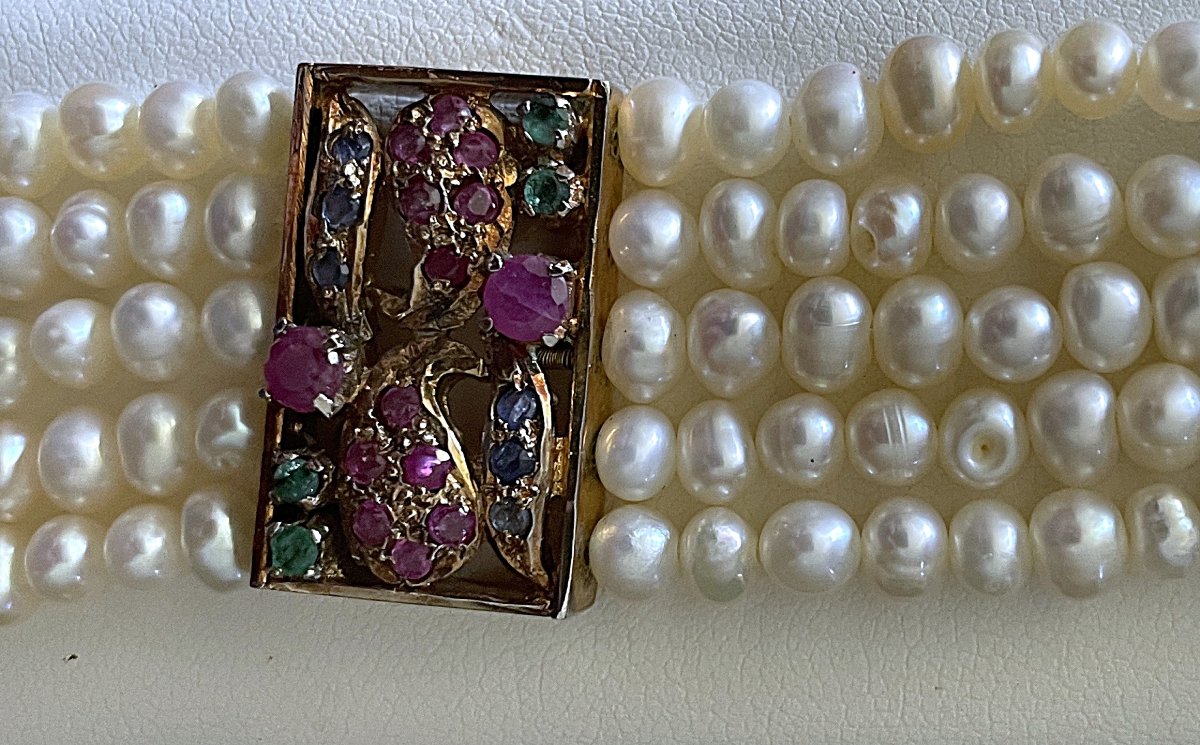 BRACELET EN VERMEIL A 5 RANGS DE PERLES D EAU DOUCE - SAPHIRS - EMERAUDES-RUBIS- XX°-photo-8