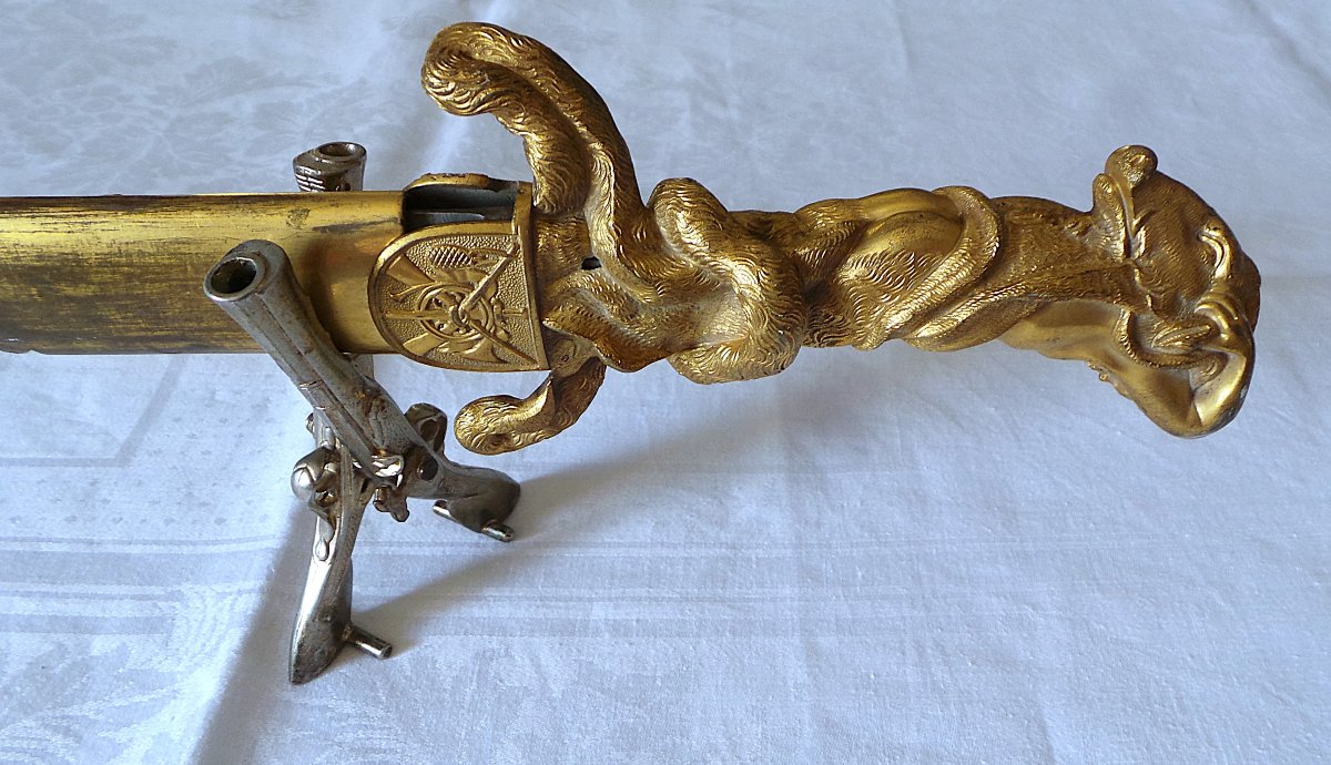 DAGUE DE CHASSE EN BRONZE -" ATLAS A LA HURE DE SANGLIER "- XIX°-AVEC FOURREAU-photo-2