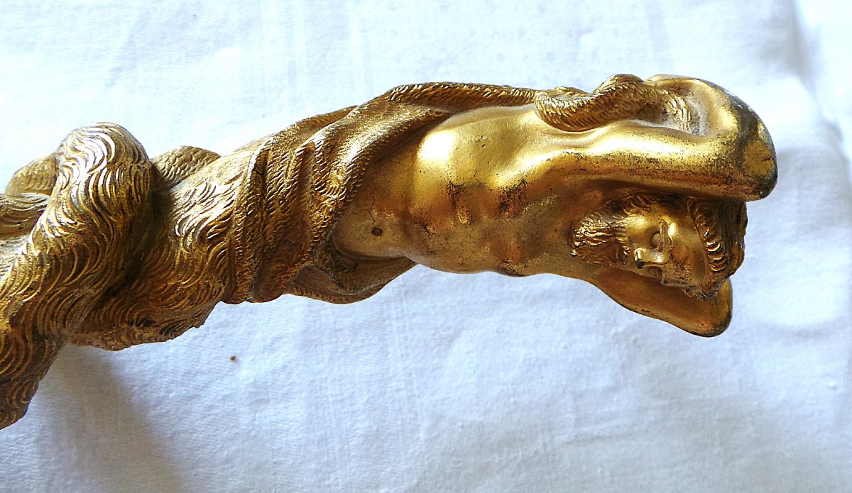 DAGUE DE CHASSE EN BRONZE -" ATLAS A LA HURE DE SANGLIER "- XIX°-AVEC FOURREAU-photo-3