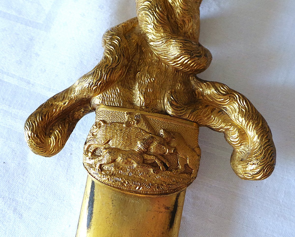 DAGUE DE CHASSE EN BRONZE -" ATLAS A LA HURE DE SANGLIER "- XIX°-AVEC FOURREAU-photo-4
