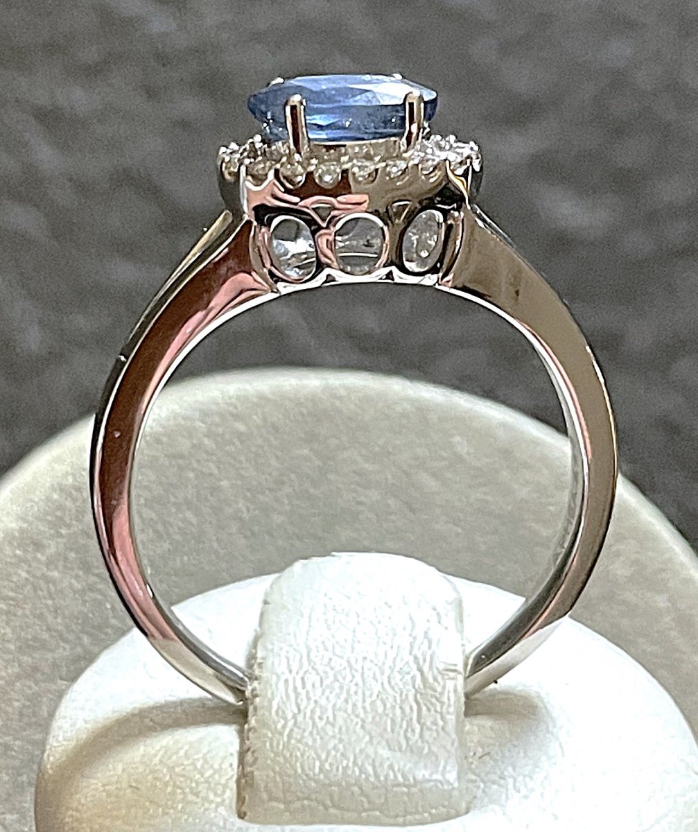 18k White Gold Ring - Blue Sapphire And Diamonds - 20th Century-photo-4