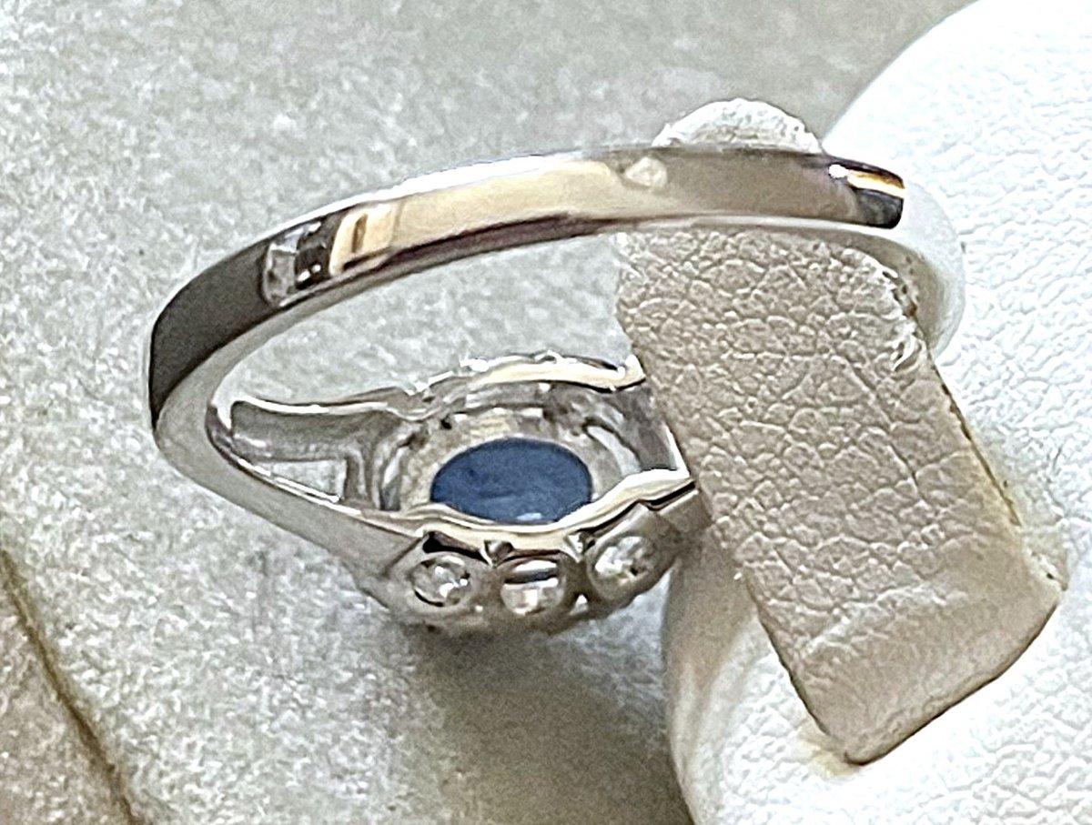 18k White Gold Ring - Blue Sapphire And Diamonds - 20th Century-photo-1