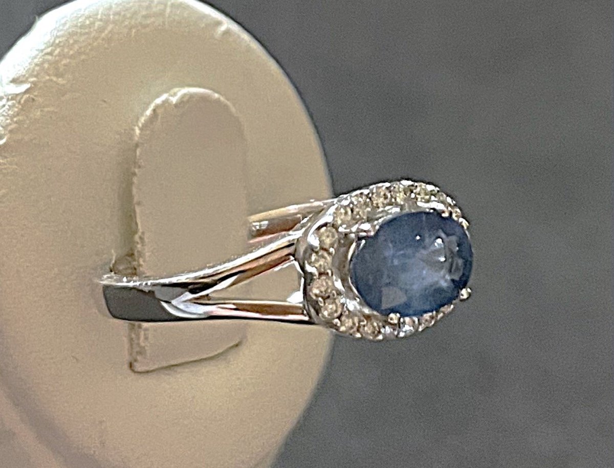 18k White Gold Ring - Blue Sapphire And Diamonds - 20th Century-photo-3
