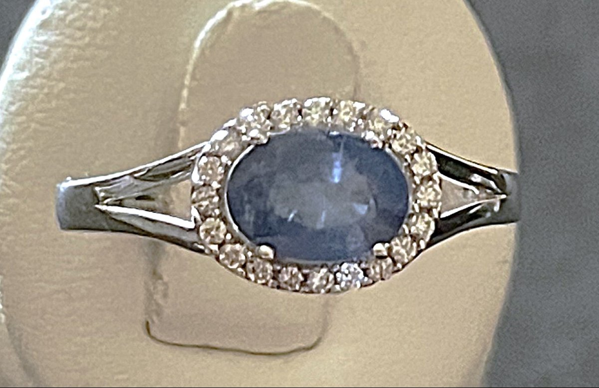 18k White Gold Ring - Blue Sapphire And Diamonds - 20th Century-photo-4
