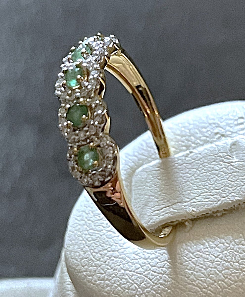 BAGUE JARRETIERE OR JAUNE 9K -PIERRES VERTES & BLANCHES - POINCONS -XX°-photo-4