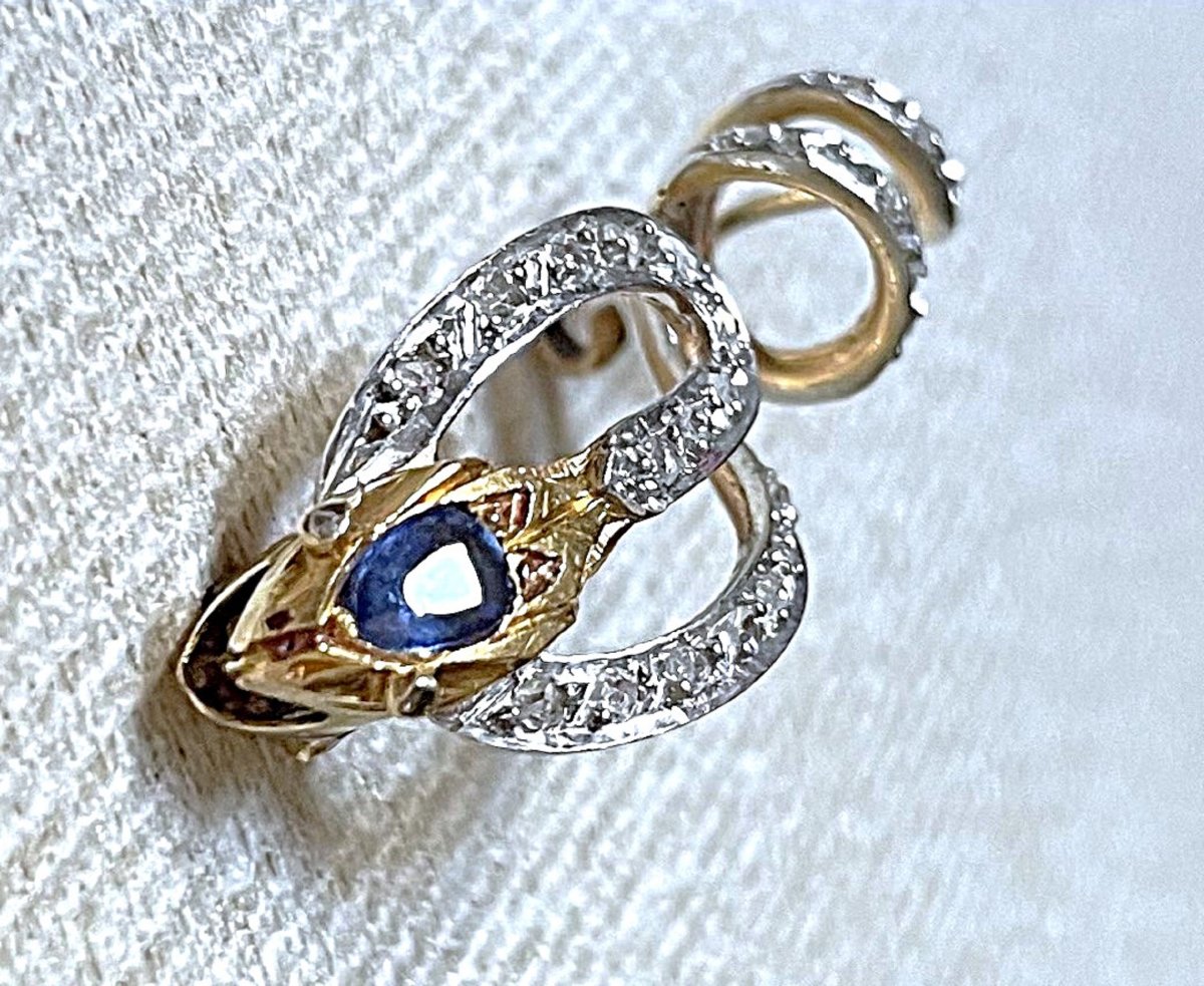 BROCHE SERPENT OR JAUNE 18K - PAVAGE DE DIAMANTS- SAPHIR -YEUX DTS - XIX°-photo-2