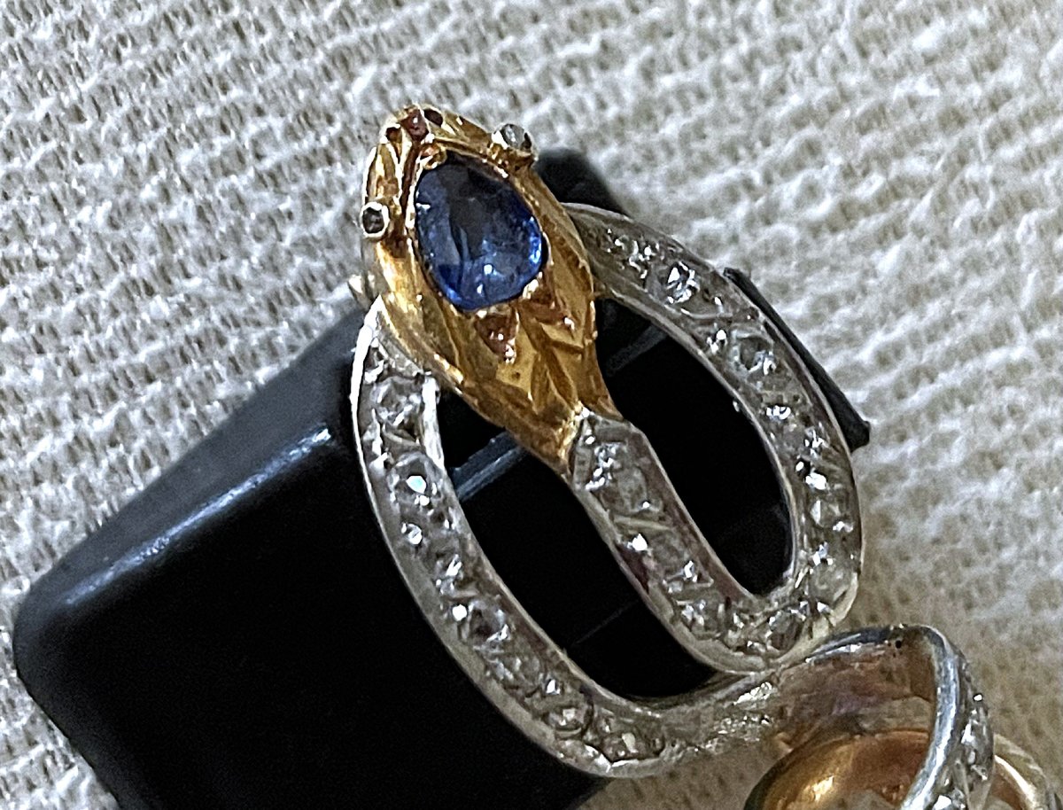 BROCHE SERPENT OR JAUNE 18K - PAVAGE DE DIAMANTS- SAPHIR -YEUX DTS - XIX°-photo-4