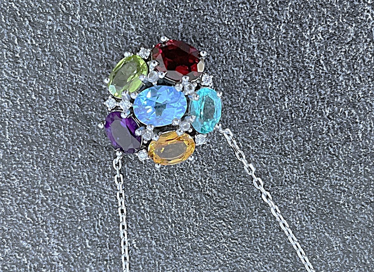 "tutti Frutti" Necklace In 925 Silver - Topaz - Garnet - Amethyst - Peridot - Citrine - XX°-photo-4