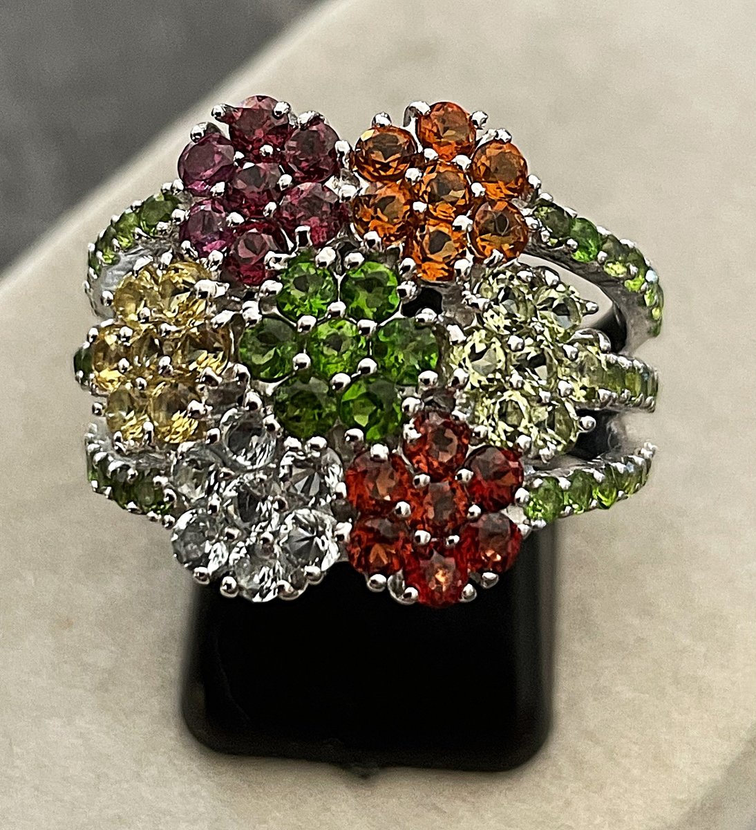 "tutti Frutti" Ring, 925 Sterling Silver — Peridot, Citrine, Topaz, Amethyst, Garnet — 20th Century-photo-2